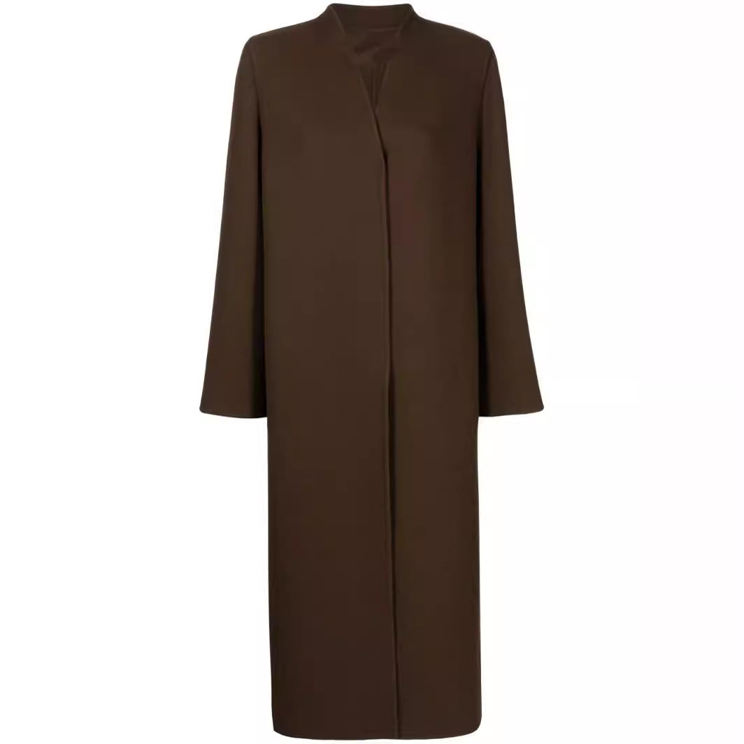 Damen Maxilanger minimalistischer Mantel mit verdeckter Front und kastiger Schulter Nord Taschen