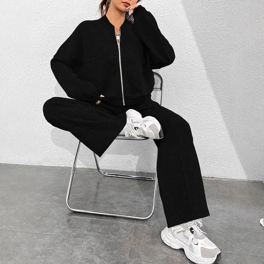 Damen kurze Sweatjacke mit Reißverschluss und High-Waist weitem Jogginghosen-Set Nord Taschen