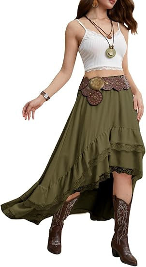 Damen Boho Maxi-Rock mit asymmetrischem Saum und Spitzenverzierungen