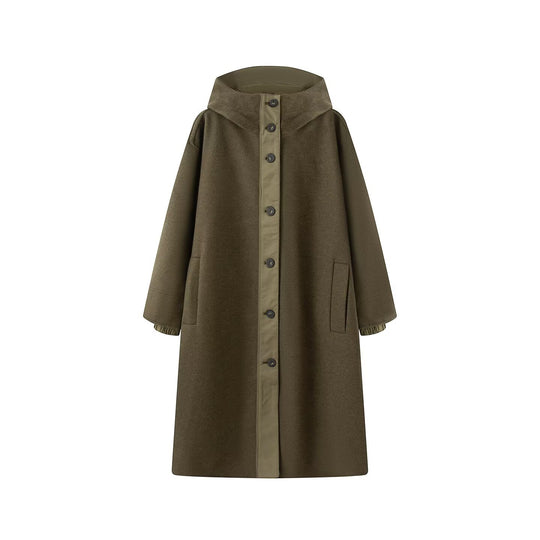 Damen Weicher Oversize Wollmix‑Mantel mit Kapuze und durchgehender Knopfleiste Nord Taschen