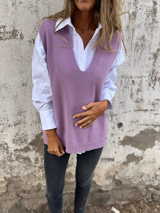 Damen lässiger Strickpullover mit V-Ausschnitt