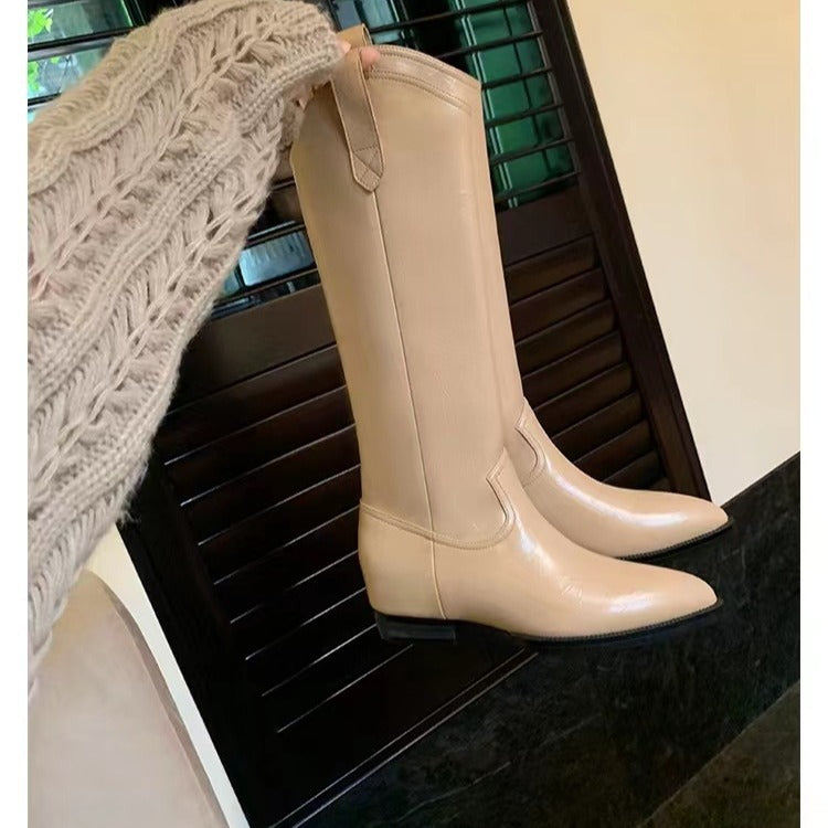 Damen Kniehohe Western‑Stiefel aus Glattleder mit spitzer Kappe und niedrigem Blockabsatz Nord Taschen