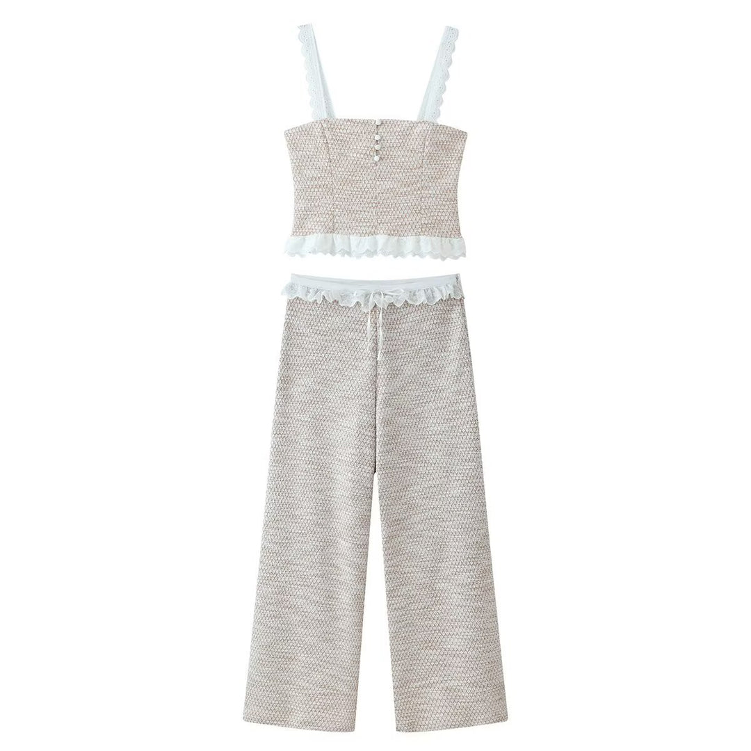 Damen Weite Tweed-Hose mit Spitzenbund und Kordelzug Nord Taschen