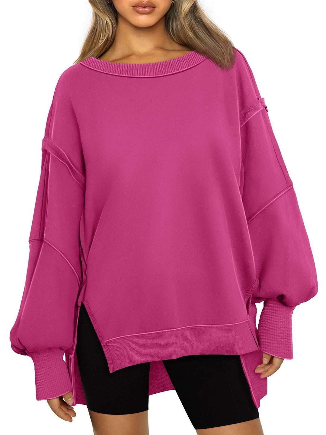 Damen Weiches Longline-Sweatshirt mit Ballonärmeln, seitlichen Schlitzen und geripptem Saum Nord Taschen
