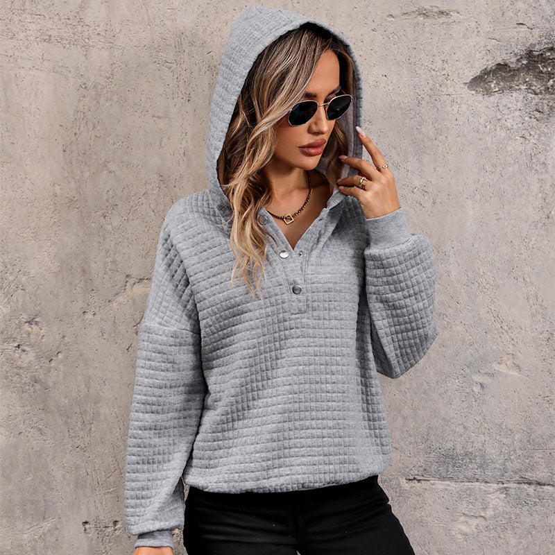 Damen Gestepptes Waffelstrick-Henley-Hoodie mit Druckknopfleiste Nord Taschen