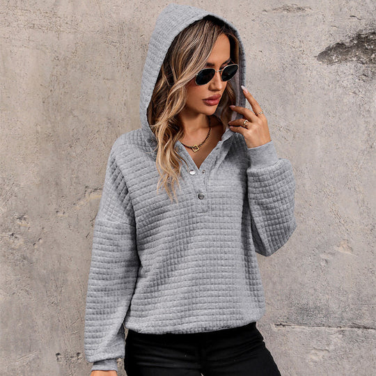 Damen Gestepptes Waffelstrick-Henley-Hoodie mit Druckknopfleiste Nord Taschen