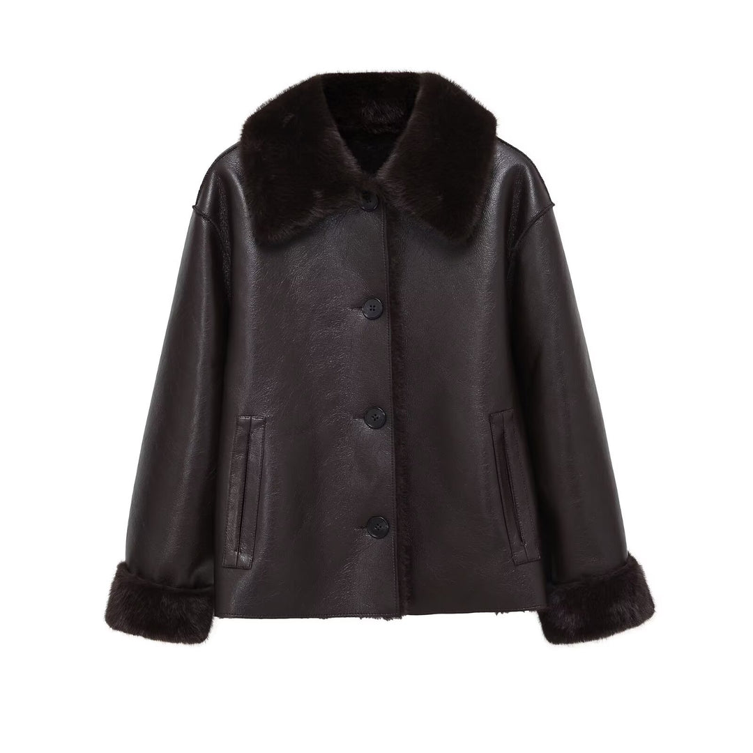 Damen Kastige Fauxleder-Jacke mit Kunstfellkragen, Lammfellimitat‑Futter und Knopfverschluss Nord Taschen
