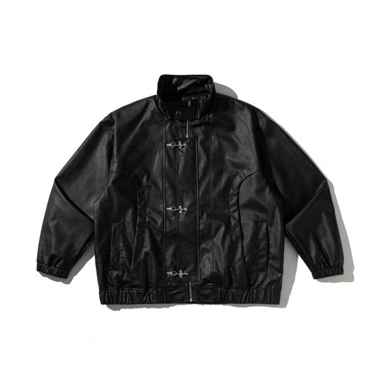 Unisex Boxy-Kurzjacke aus veganem Leder mit hohem Kragen, Knebel-Front und elastischem Saum Nord Taschen