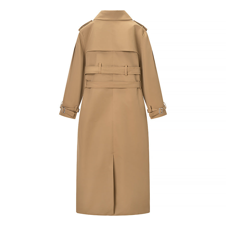 Damen Langer doppelreihiger Trenchcoat mit tailliertem Doppelgürtel, Ballonärmeln und Epauletten Nord Taschen