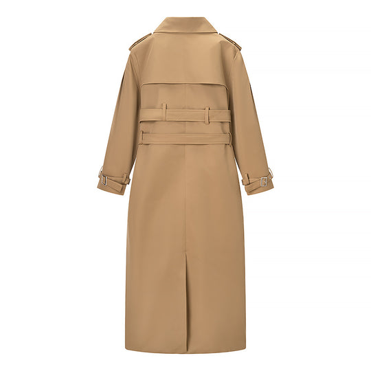 Damen Langer doppelreihiger Trenchcoat mit tailliertem Doppelgürtel, Ballonärmeln und Epauletten Nord Taschen
