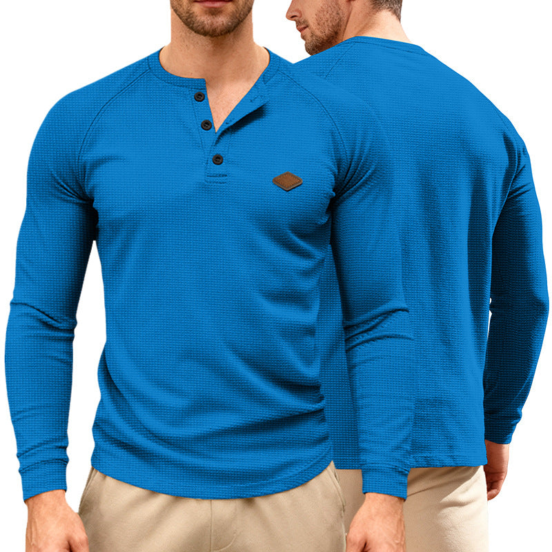 Herren nan Waffelstrick-Henley Langarmshirt mit Raglanärmeln, Halbknopfleiste und Lederlabel Nord Taschen