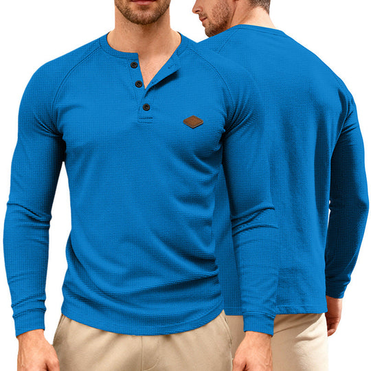 Herren nan Waffelstrick-Henley Langarmshirt mit Raglanärmeln, Halbknopfleiste und Lederlabel Nord Taschen