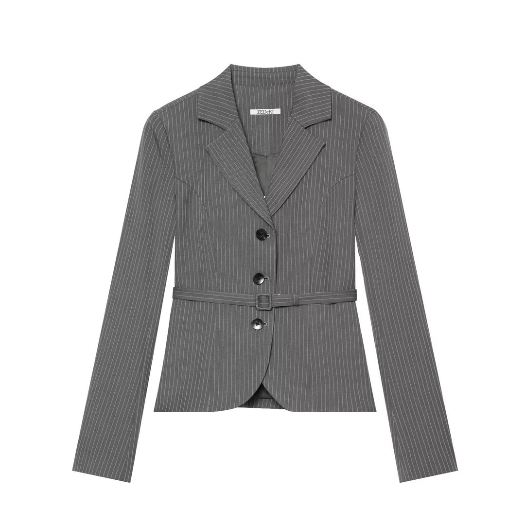 Damen Taillierter Nadelstreifen-Blazer mit Gürtel und Dreiknopfverschluss Nord Taschen
