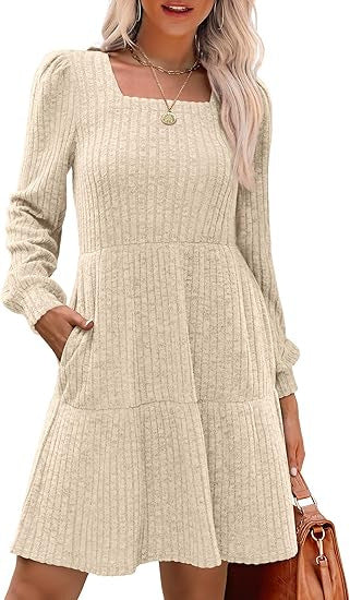 Damen Lässiges und elegantes Rippkleid mit langen Ärmeln Nord Taschen