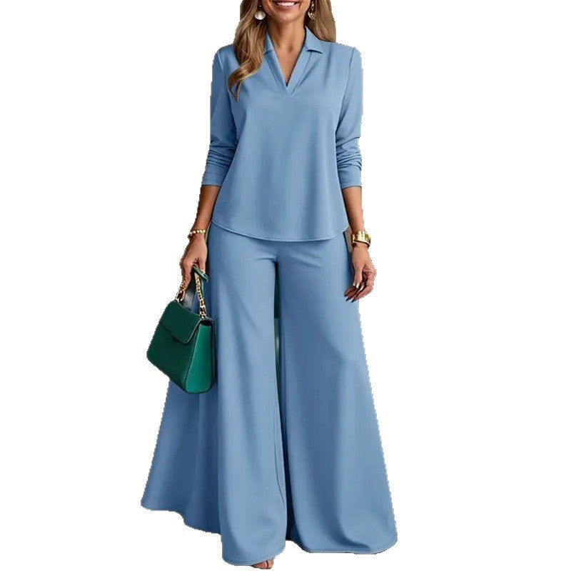 Damen Elegantes Zweiteiliges Palazzo-Set mit Hemdkragen-Top und weitem Bein Nord Taschen