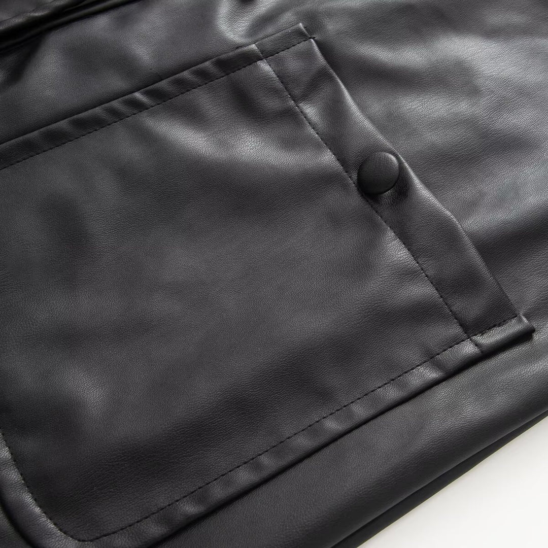 Damen Oversize Kunstlederjacke mit Bindebändern und aufgesetzten Taschen Nord Taschen