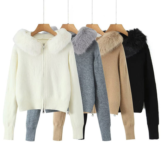 Damen Kurze Strickjacke mit Reißverschluss und abnehmbarem Kunstfellkragen Nord Taschen