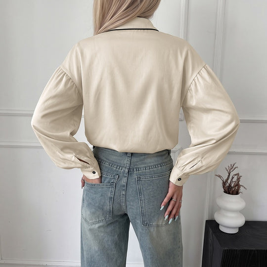Damen Elegante Bluse mit Stehkragen und Puffärmeln Nord Taschen