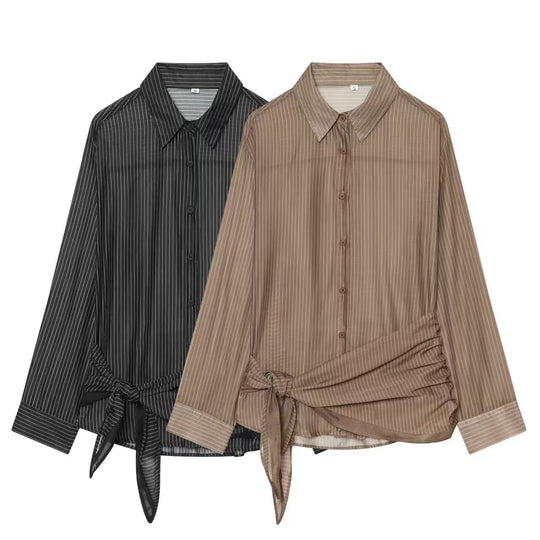 Damen Nadelstreifen-Seidenoptik-Bluse mit seitlicher Knotendetail Nord Taschen