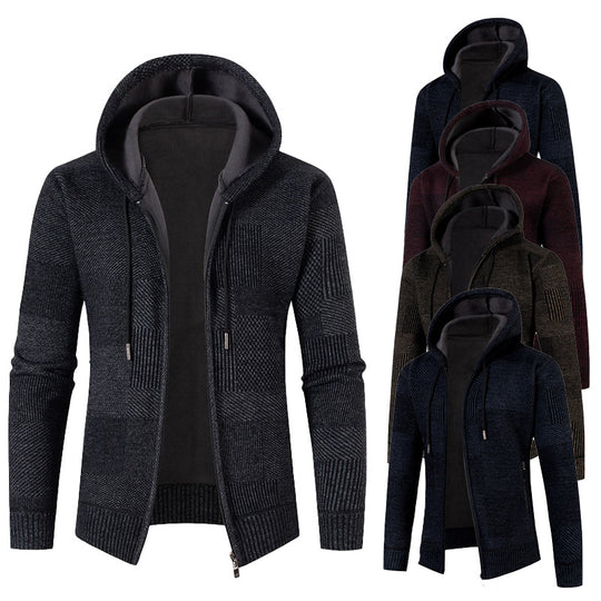 Herren Strukturierter Strick-Zip-Hoodie mit gefütterter Kapuze und grafischem Patchmuster Nord Taschen
