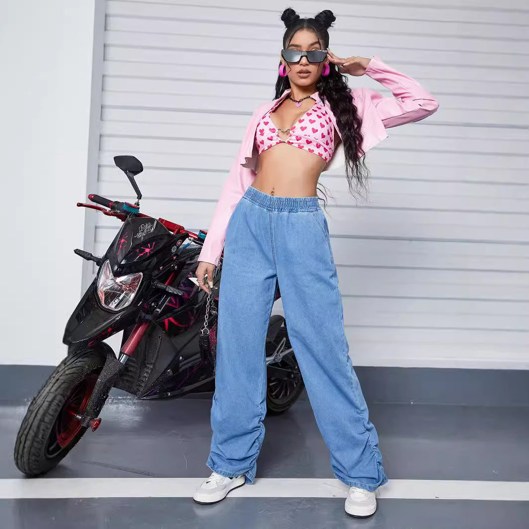 Damen Weite Denim-Hose mit elastischem Bund und gerafften Säumen Nord Taschen