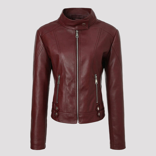 Damen Kurze taillierte Motorjacke aus Kunstleder mit Stehkragen und Schnallgurten Nord Taschen