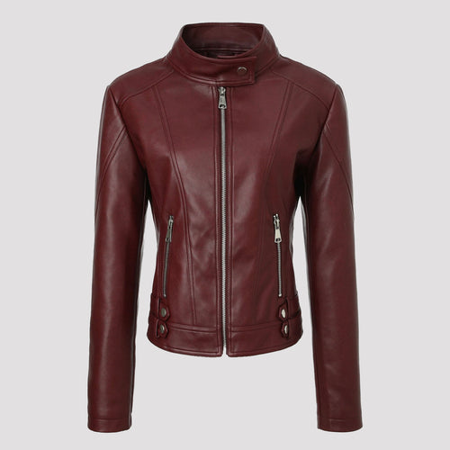 Damen Kurze taillierte Motorjacke aus Kunstleder mit Stehkragen und Schnallgurten Nord Taschen