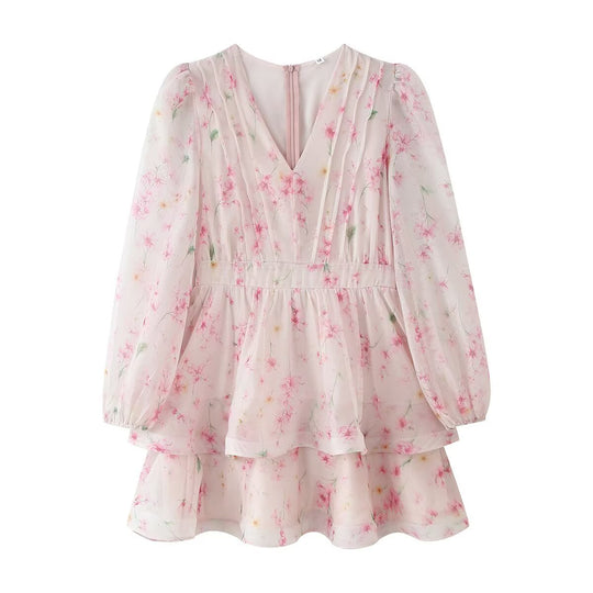 Damen Romantisches Chiffon-Minikleid mit V-Ausschnitt, Plisseeoberteil und Stufenvolants Nord Taschen