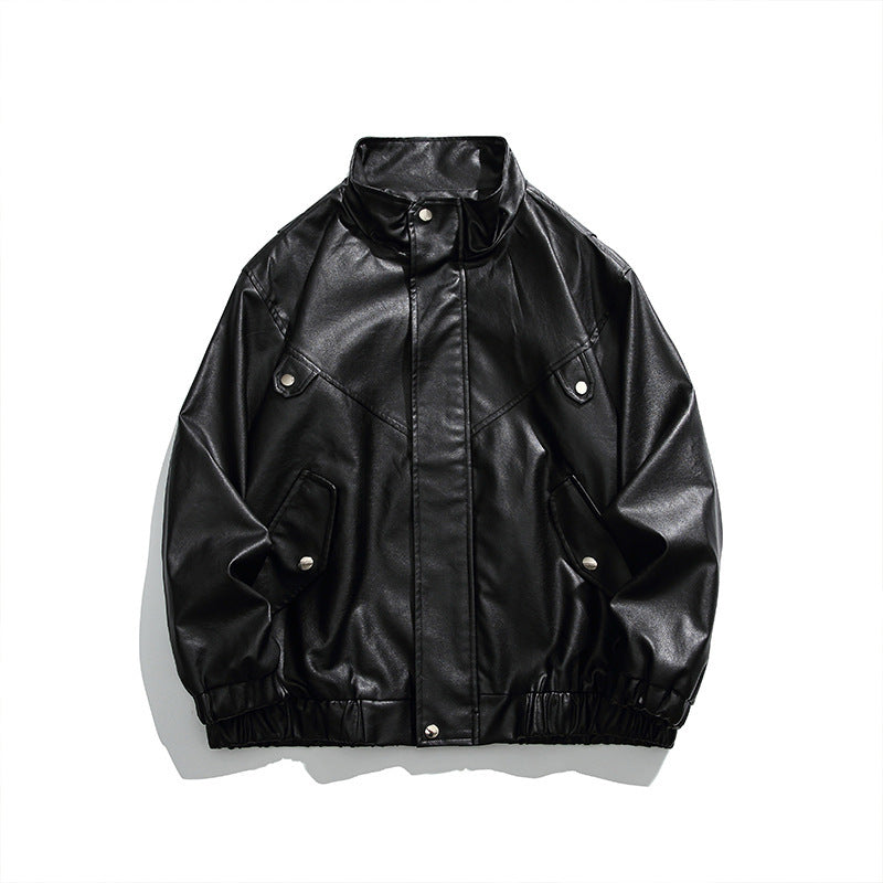 Herren Boxy Kunstleder-Blousonjacke mit Stehkragen Druckknopfblende und elastischem Saum Nord Taschen