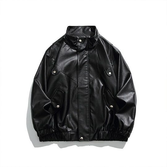 Herren Boxy Kunstleder-Blousonjacke mit Stehkragen Druckknopfblende und elastischem Saum Nord Taschen