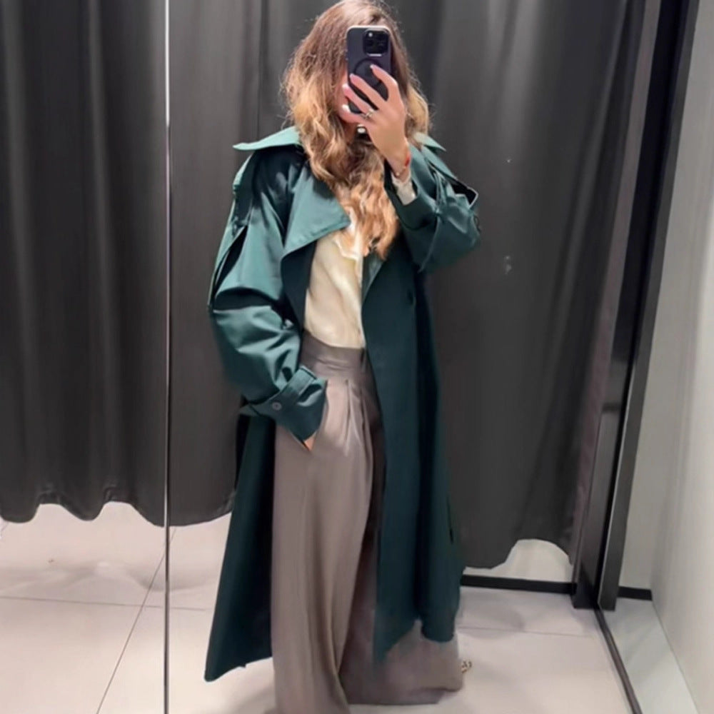 Damen Langer wasserabweisender Trenchcoat mit Taillengürtel und hohem Stehkragen Nord Taschen