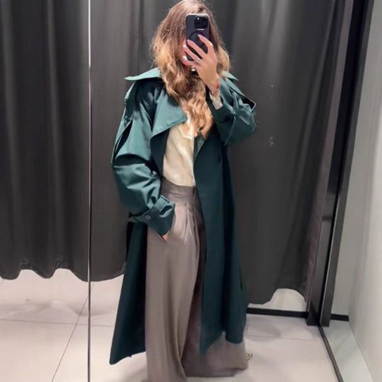 Damen Langer wasserabweisender Trenchcoat mit Taillengürtel und hohem Stehkragen Nord Taschen