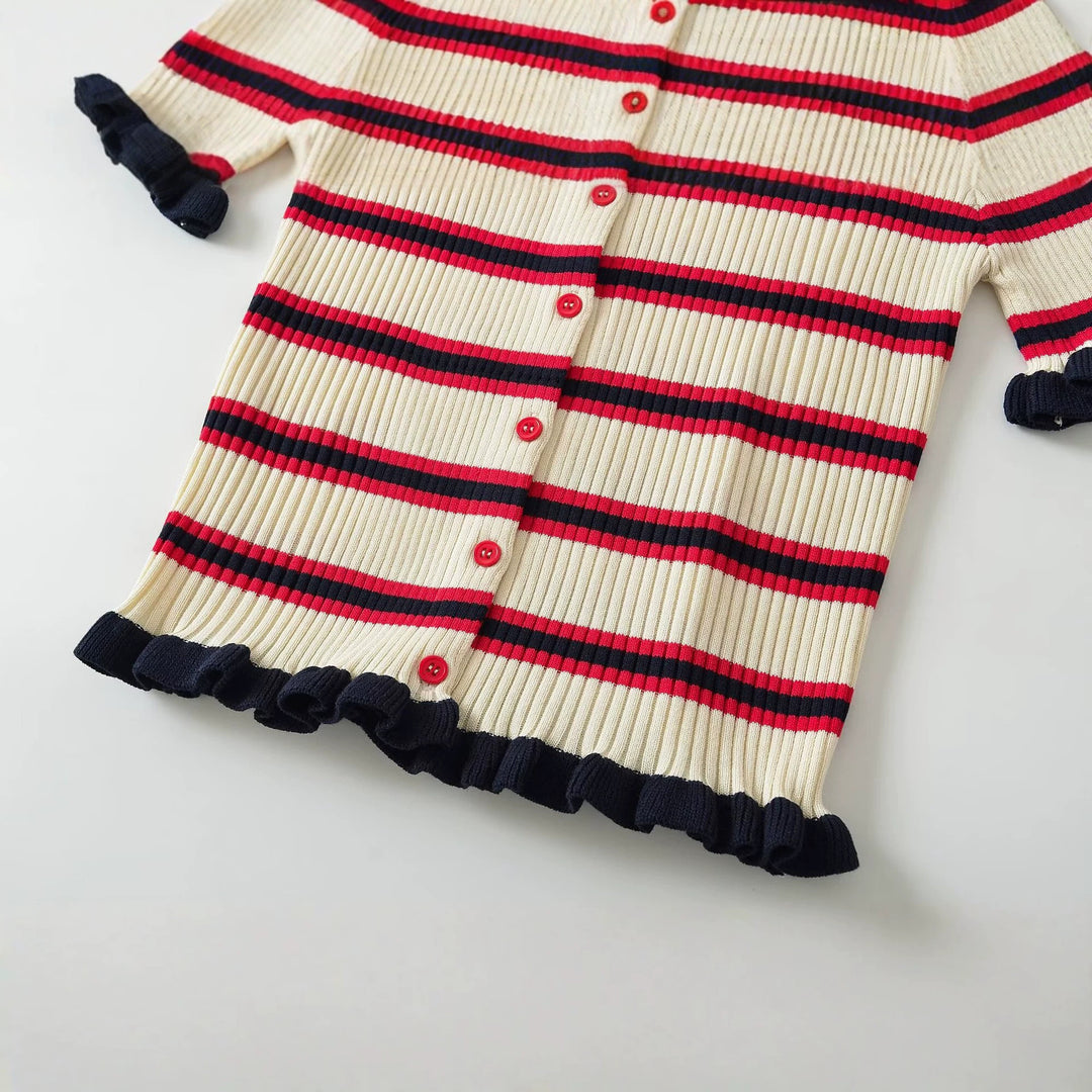 Damen Gerippte Kurzarm-Polokragen-Strickjacke mit Volantbündchen Nord Taschen