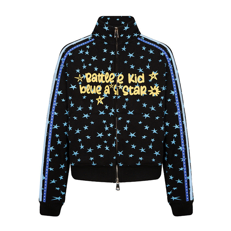 Damen Sweatjacke im Retro-Trackstil mit Stehkragen, Sternen-Print und Kontraststreifen Nord Taschen