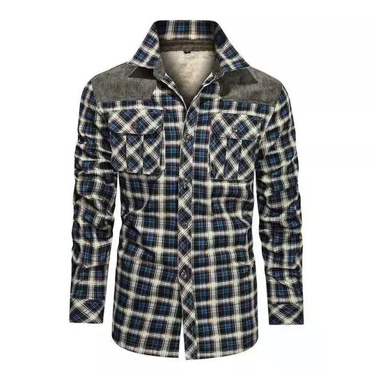 Herren Karo-Hemdjacke mit Teddyfutter, Samtbesatz und Brusttaschen Nord Taschen