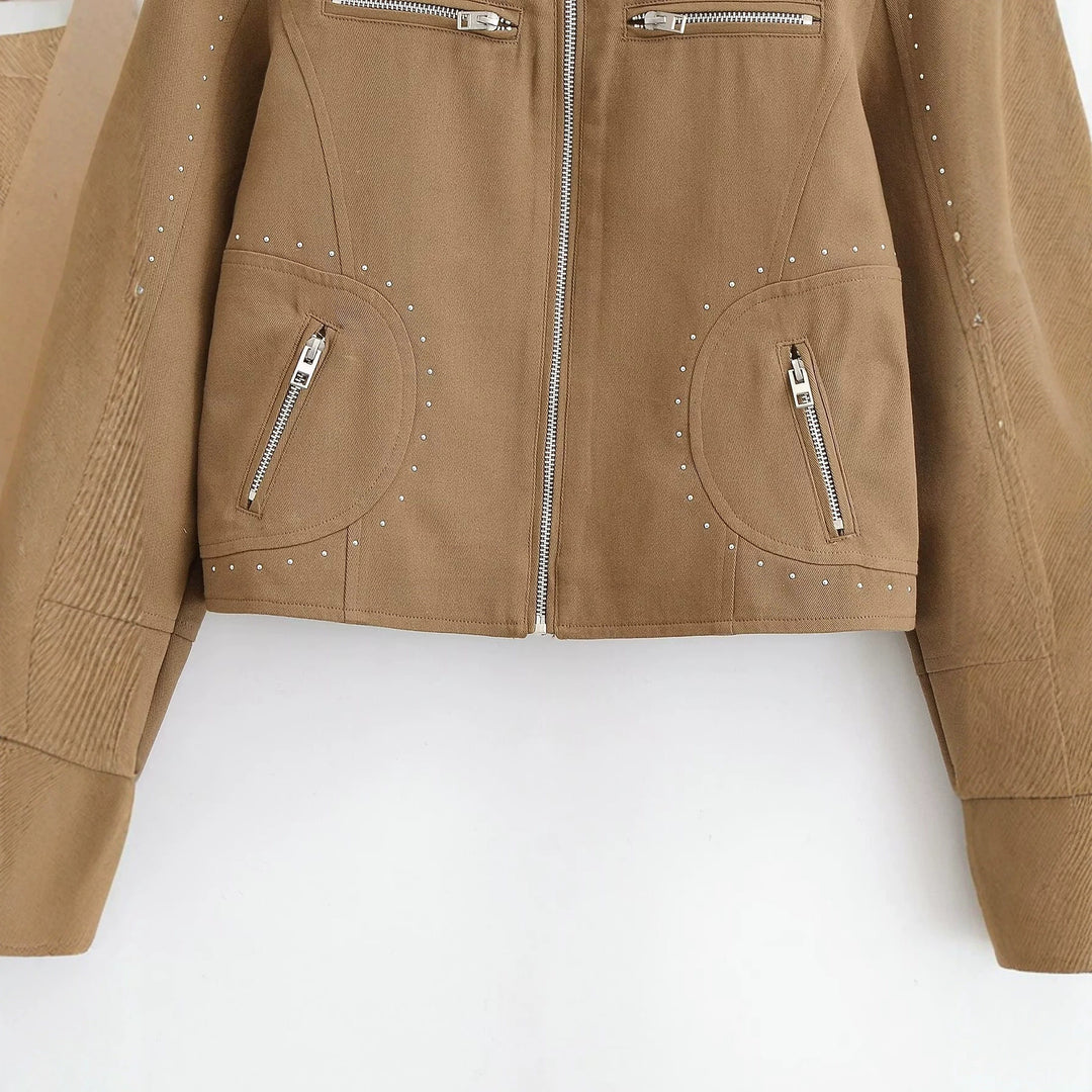 Damen Kurze Bikerjacke aus Wildlederimitat mit Nietenbesatz und Stehkragen Nord Taschen