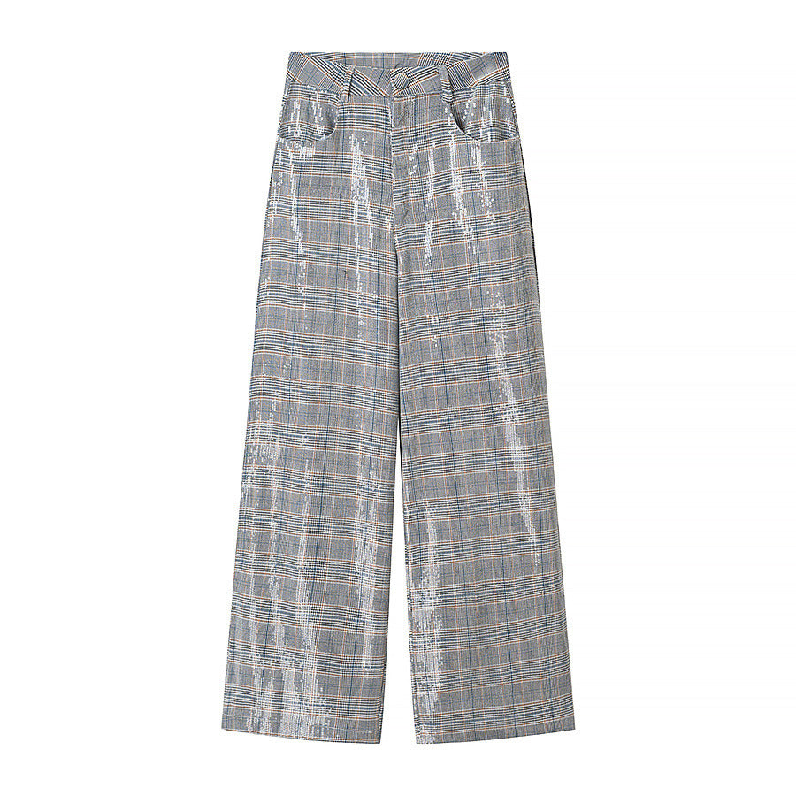 Damen Zweiteiliges Glencheck-Blazer- und Weite-Hosen-Set mit metallischem Glanz Nord Taschen