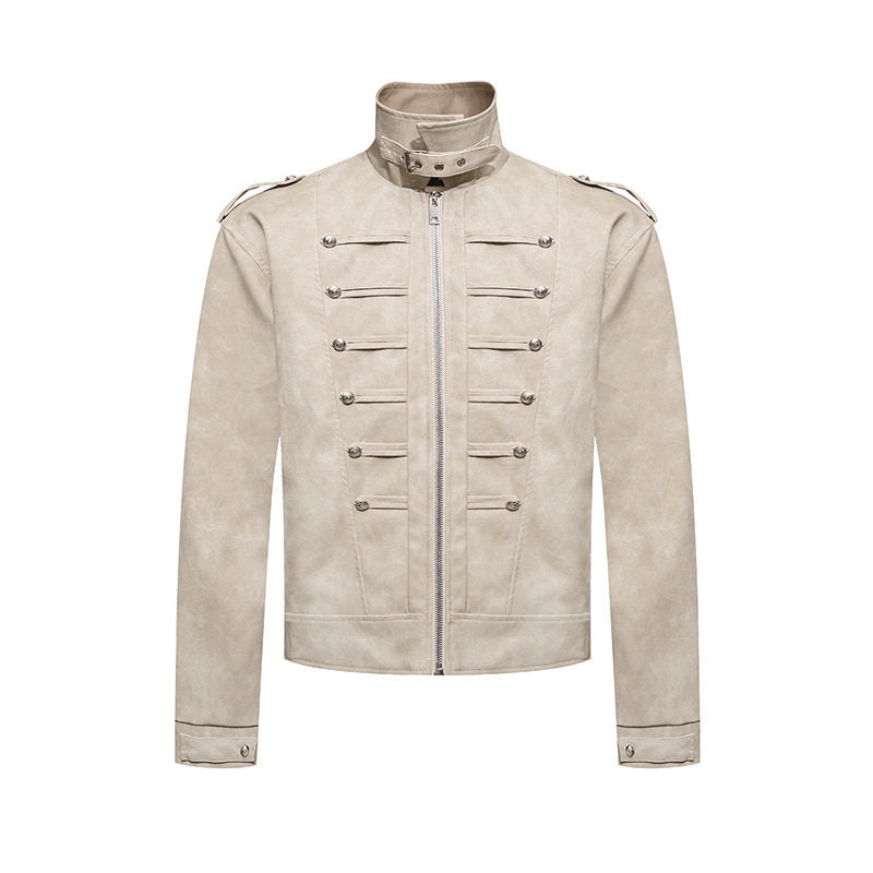 Herren Kurzjacke im Military-Marching‑Look aus Velourslederimitat mit Stehkragen & Zierknöpfen Nord Taschen