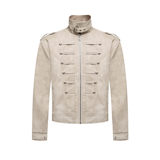 Herren Kurzjacke im Military-Marching‑Look aus Velourslederimitat mit Stehkragen & Zierknöpfen Nord Taschen