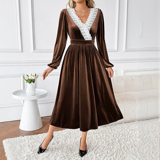 Damen Elegantes Samtkleid mit V‑Ausschnitt, Spitzenbesatz und taillierter Midilänge Nord Taschen