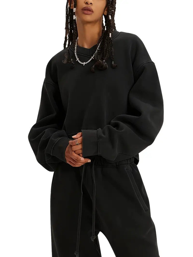 Damen Boxy-Sweatshirt mit überschnittener Schulter, verlängertem Rückenteil und brushed Fleece Nord Taschen