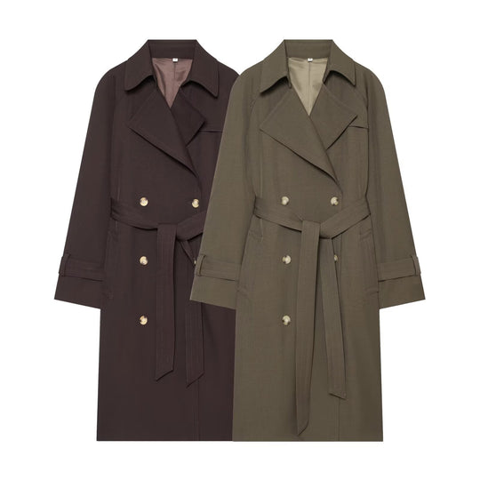 Damen Longline Doppelreihiger Trenchcoat mit Taillengürtel, Ziernähten und Umlegekragen Nord Taschen