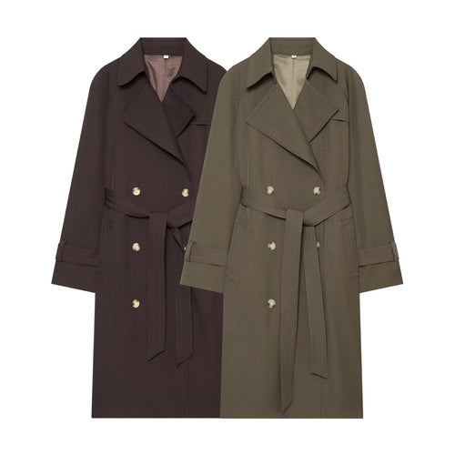 Damen Longline Doppelreihiger Trenchcoat mit Taillengürtel, Ziernähten und Umlegekragen Nord Taschen