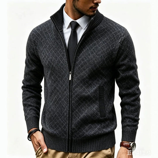 Herren Strukturierte Strickjacke mit Stehkragen und Diamant-Jacquard Nord Taschen