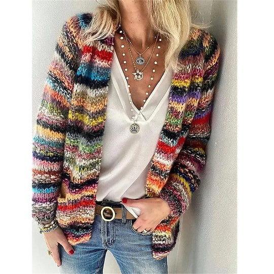 Damen Mehrfarbiger Strickcardigan mit offener Front, legerem Oversize-Schnitt und feinem Rippbündchen Nord Taschen