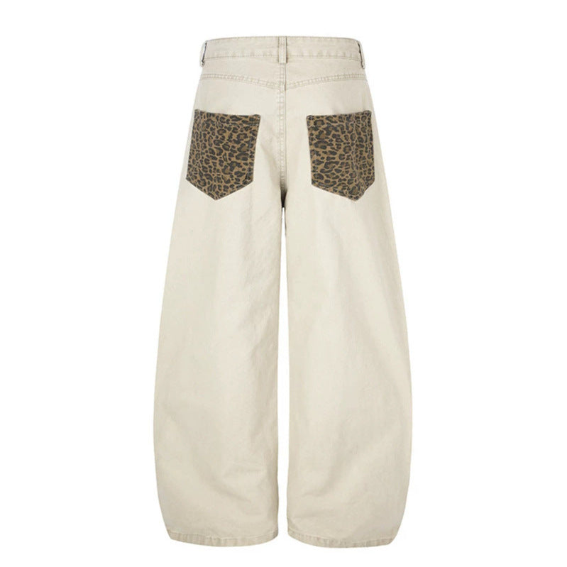 Damen Weite High‑Waist Palazzo-Jeanshose mit Leopardeinsätzen und Eingrifftaschen Nord Taschen