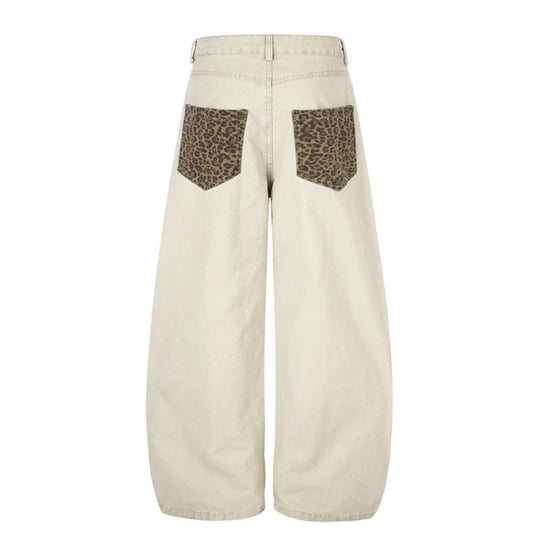 Damen Weite High‑Waist Palazzo-Jeanshose mit Leopardeinsätzen und Eingrifftaschen Nord Taschen