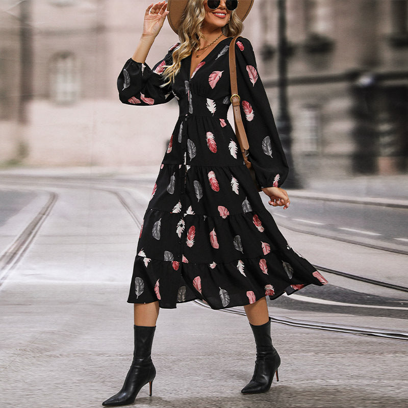 Damen Langarm Kleid mit Federprint Nord Taschen