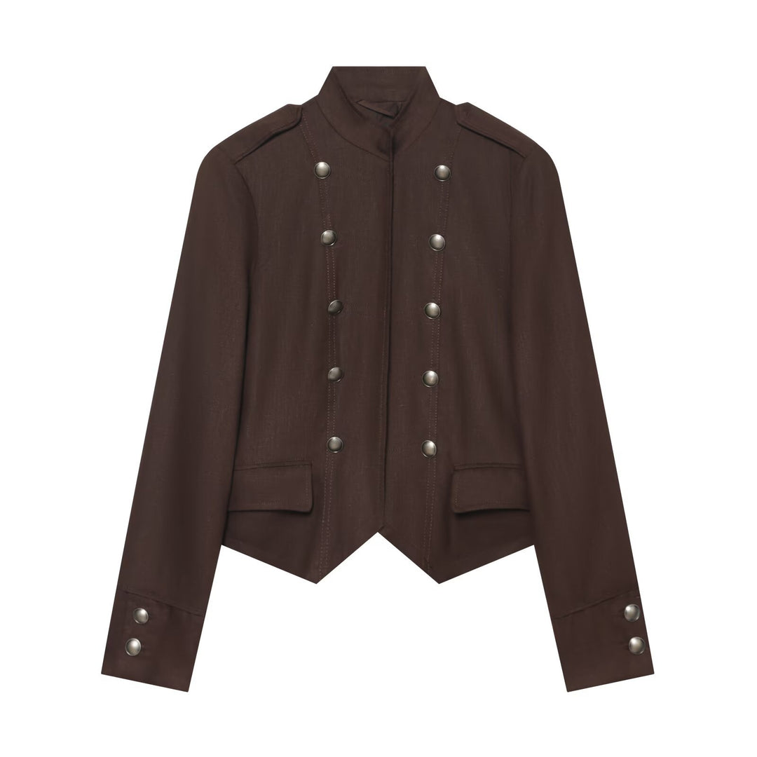Damen Kurze militärisch-inspirierte Doppelreihige Jacke mit Stehkragen und Pattentaschen Nord Taschen