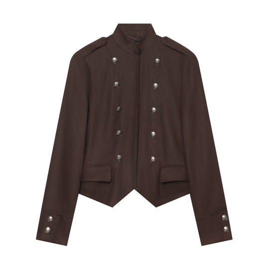 Damen Kurze militärisch-inspirierte Doppelreihige Jacke mit Stehkragen und Pattentaschen Nord Taschen